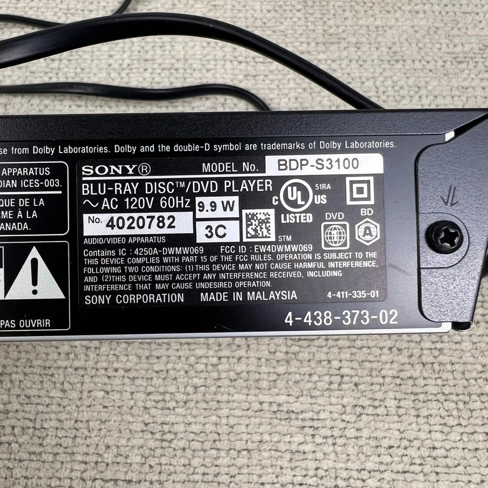 Sony Blu-ray DVD Player BDP-S3100 Black Built-in Wi-Fi Streaming No Remote